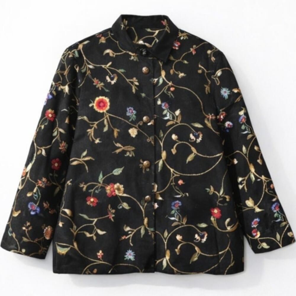 Painted Pony Jacket Black Embroidered Floral Button Front Artwear Womens Small
